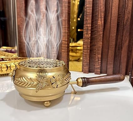 Home Purifying Hand-Loban Incense Burner, Loban Burner with Handle, Dhoop Dhuni Burner Sambrani Dhoop, Resin & Home Office Temple Prayer Butler (LBN-07)